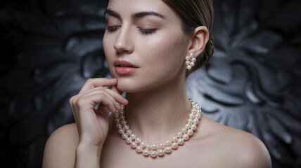 Obraz premium A woman wearing a pearl necklace and earrings. She is looking at the camera. The necklace is made of pearls and is long