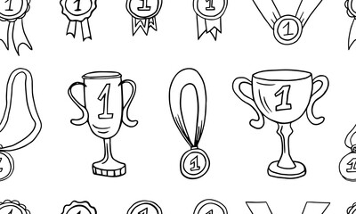 Seamless pattern of medal and cup in doodle style. First place, trophy, victory, achievment, award, winner. Hand drawn vector illustration for posters, stickers. Elements of sport, business and school