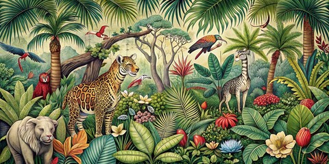 Obraz premium Vintage Style Photography of a Hand-Drawn Jungle Scene with Lush Greenery, Exotic Animals, and Intricate Details Capturing the Essence of Nature's Beauty and Wilderness