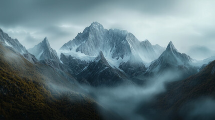 Snowy mountain landscape. Grandeur of the Andes in Patagonia, with jagged peaks and glaciers.