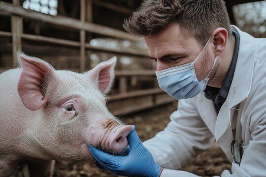 A veterinarian is carefully examining a pig within an agricultural setting, ensuring that the animal receives the necessary care and monitoring for optimal health and management in livestock farming