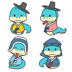 뱀 캐릭터 일러스트. 2025년 푸른 뱀의 해.