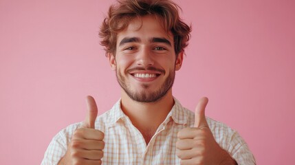 Smiling young man with thumbs up, wearing plaid shirt, pink background, cheerful expression, happy mood, confidence, casual portrait, positive energy, friendly personality