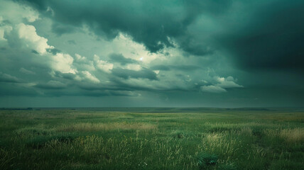 Fototapeta premium Dark clouds forming over an open field, creating a dramatic prelude to a summer storm over the rural landscape.