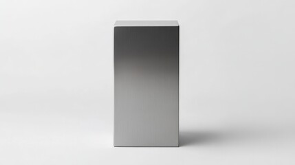 A tall rectangular metallic silver box, with sharp edges, standing upright on a white background 