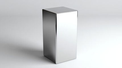 A tall rectangular metallic silver box, with sharp edges, standing upright on a white background 