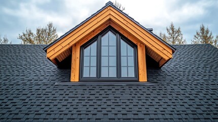 Gable roof dormer with black shingles and wood trim.
