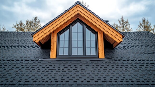 Gable roof dormer with black shingles and wood trim.