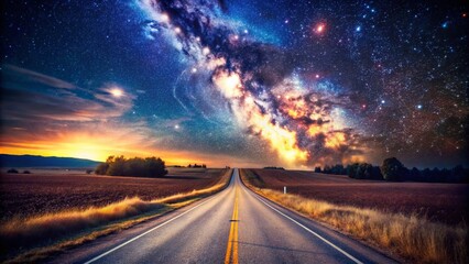 Fototapeta premium Vintage Style Photography of a Serene Road Under a Starry Night Sky with Twinkling Stars and a Soft Glow from Distant Lights, Capturing the Essence of Tranquility and Adventure