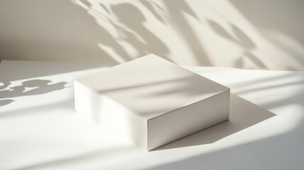 A thick, square cardboard box with a soft matte surface, casting subtle shadows on the white surface