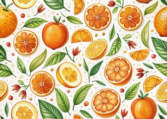 Aerial View of a Doodle Orange Fruit Pattern on White Background Perfect for Textiles and Packaging Design, Featuring Whimsical and Playful Illustrations of Juicy Oranges