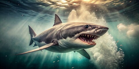 Vintage Style Photography of a Shark Displaying Its Teeth in a Deep Ocean Scene, Capturing the Raw Beauty and Power of Nature with a Nostalgic Touch