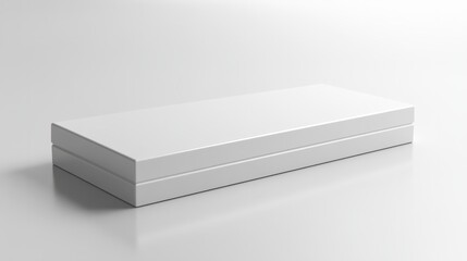 Naklejka premium A thin, sleek white box with a hinged lid, lying flat on a glossy white surface 