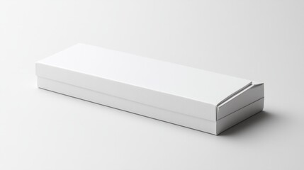 A thin, sleek white box with a hinged lid, lying flat on a glossy white surface 