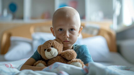 Little bald child holding a teddy bear, sad. Small patient with oncology in a hospital. A little boy with cancer, after chemotherapy.