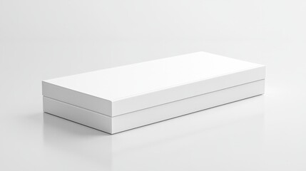 Fototapeta premium A thin, sleek white box with a hinged lid, lying flat on a glossy white surface 