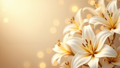 Fototapeta premium White lilies bloom elegantly for greeting card design with soft bokeh background