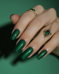 Elegant woman's hand with shimmering green nail polish, adorned with matching emerald ring and pendant on green background