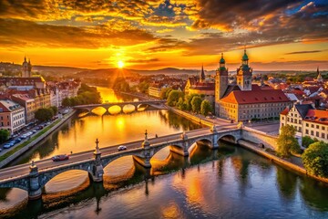 Fototapeta premium Aerial View of a Historic River Bridge at Sunset, Capturing the Vibrant Cityscape and Architectural Beauty of the Historic City Center