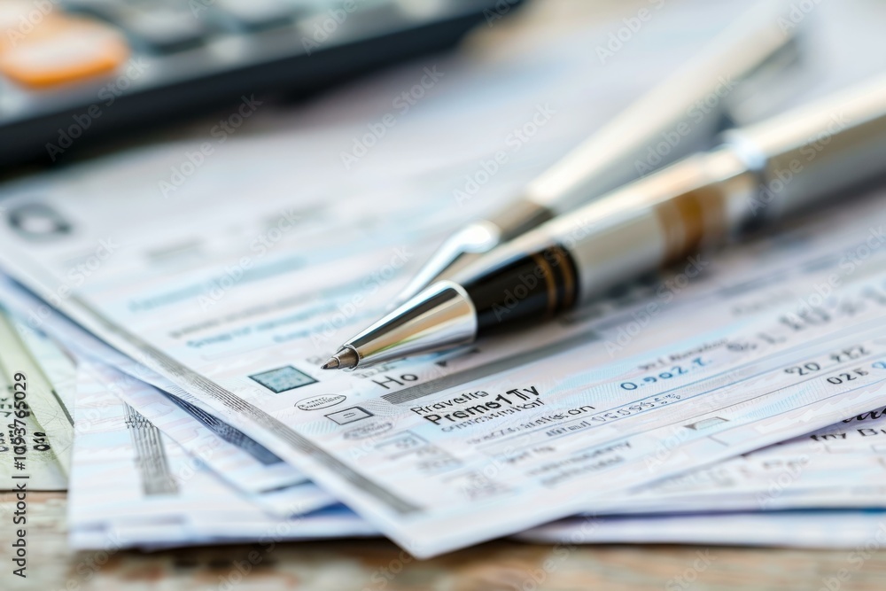 Poster pens and calculator sitting on top of paychecks ready to be signed and distributed to employees