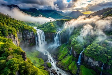 Aerial View of a Majestic Waterfall Cascading Through Foggy Mountain Landscape Surrounded by Lush Greenery and Mysterious Atmosphere, Perfect for Nature and Travel Enthusiasts