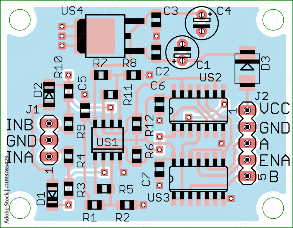 Poster vector printed circuit board of electronic device with components of radio elements, conductors and 