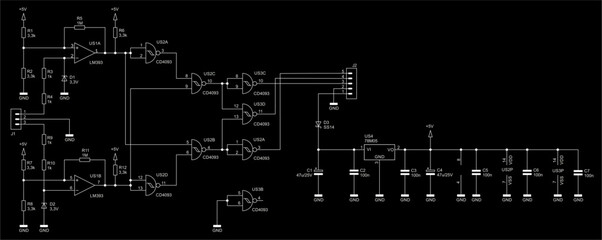 Schematic diagram of digital electronic device 
on paper sheet. Vector drawing electrical circuit with 
integrated circuit, operational amplifier, logic gate,
capacitor, resistor, connector, other.