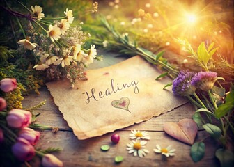 Vintage Style Photography of Healing Quotes About Love, Featuring Soft Pastel Colors, Aged Paper, and Nature Elements, Evoking Warmth and Nostalgia in a Romantic Setting