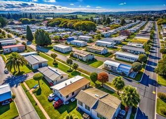 Aerial View of a Mobile Home Park Featuring Single Wide and Double Wide Houses with Lush Green Surroundings and Copy Space for Marketing Use