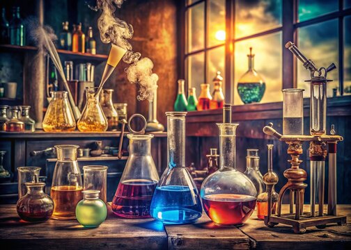 Vintage Style Photography of H2CrO4 Solutions in Retro Laboratory Settings with Glassware, Bubbles, and Soft Lighting for Scientific Elegance and Nostalgic Charm