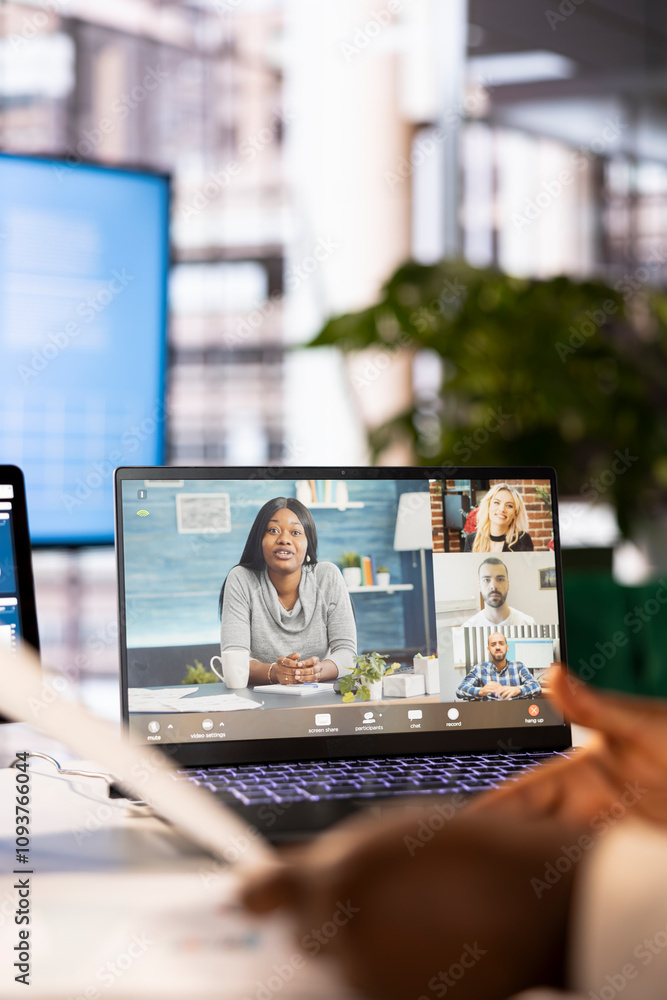 Poster businesswoman using notebook, having internet videocall with client. close up of ceo using laptop, t