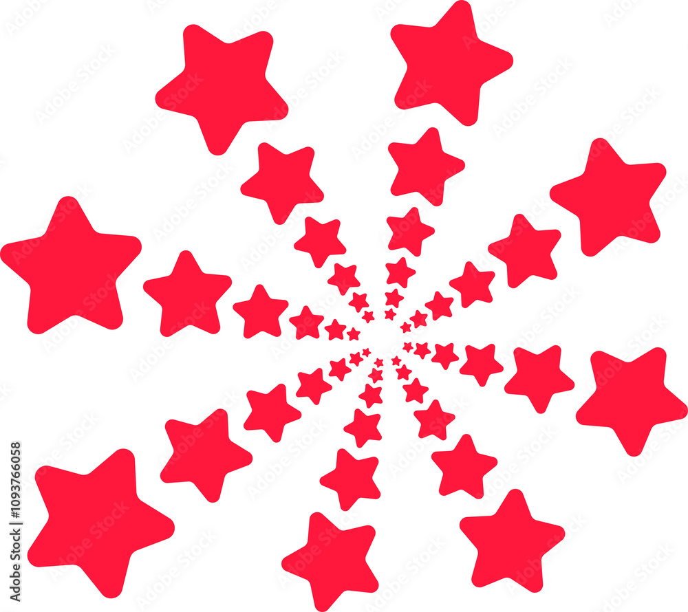 Aufkleber shape of exploding red stars increasing in size. a vibrant red spiral of stars creating a bold and e