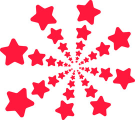 Shape of exploding red stars increasing in size. A vibrant red spiral of stars creating a bold and eye-catching pattern, ideal for designs needing a touch of energy, creativity, and modern flair