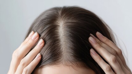 Fototapeta premium A woman gently inspects her thinning hair with both hands, showing concern over hair loss. The setting is bright and serene, likely indoors
