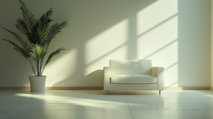 Fototapeta premium Bright sunlit living room with minimalist couch and indoor plant modern home decor peaceful atmosphere natural light contemporary design