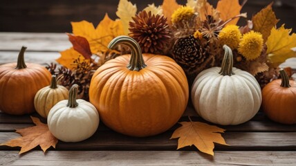 pumpkin and fallen autumn leaves