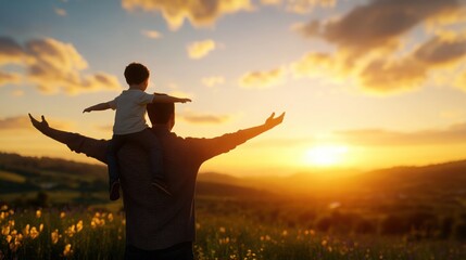 Fototapeta premium A joyful father and child watching the sunset together, embracing the beauty of nature and family moments in a serene landscape.