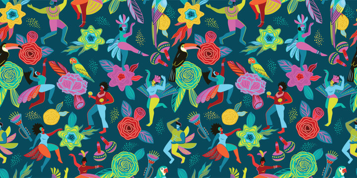 Vector seamless pattern with abstract men and women in bright costumes. Brazil carnival. Design templates for carnival concept and other
