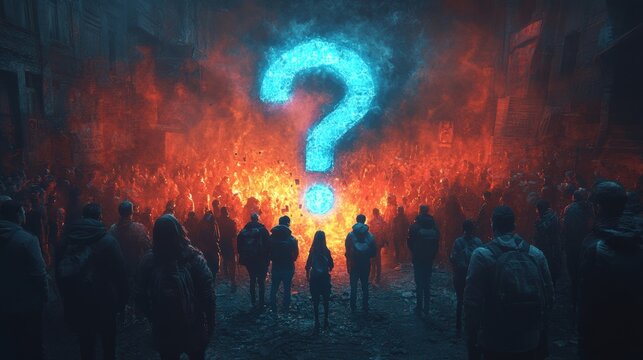Massive crowd gathered under glowing blue question mark, night scene, mysterious light, suspenseful atmosphere, surreal gathering, dramatic visuals, glowing symbol, unity, dramatic moment