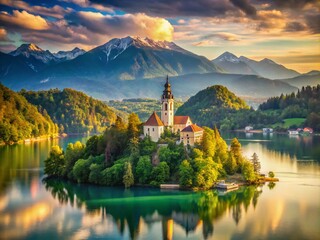 Fototapeta premium Vintage Style Photography of Slovenia's Breathtaking Landscapes and Historic Architecture Capturing the Essence of European Charm
