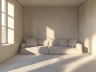 Minimalist Beige Living Room with Sofa and Sunlight