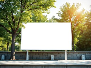 Fototapeta premium An outdoor poster mockup displayed on a stone wall in a park setting with trees in the background, poster, mockup, advertising