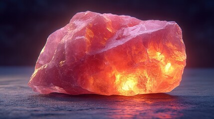 Glowing pink quartz crystal on dark surface.