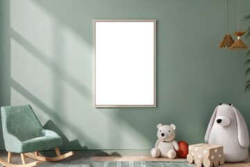 Nursery mockup featuring a blank vertical frame on a wall, rocking chair with a stuffed teddy, a large plush bear, and decor elements creating a serene and playful atmosphere