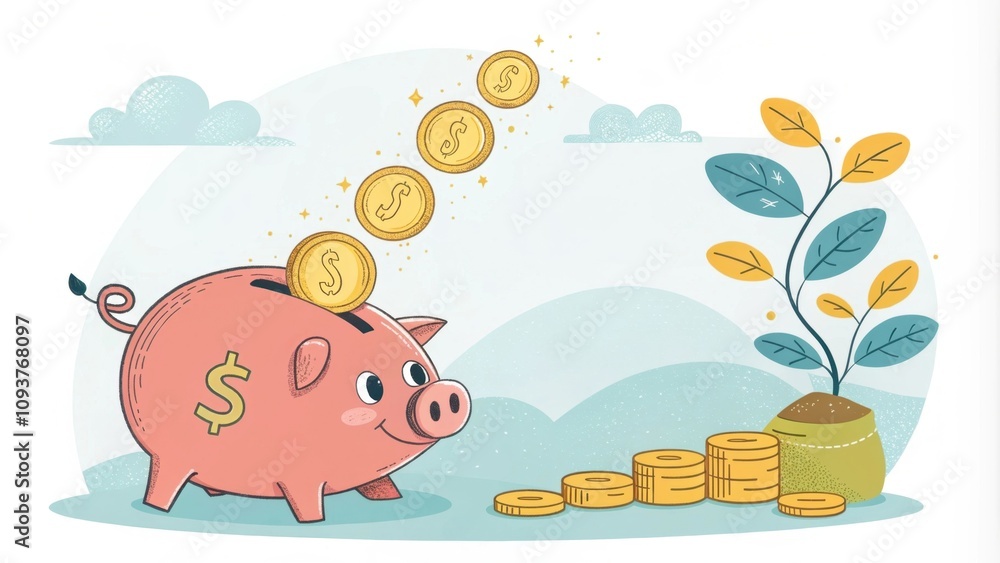 Poster a piggy bank with a flow of coins continuously dropping into it depicting regular contributions lead