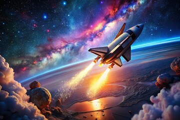 Obraz premium Aerial View of a Space Flight Journey Through the Stars: Captivating Imagery of Celestial Navigation and Cosmic Exploration in the Vastness of Space