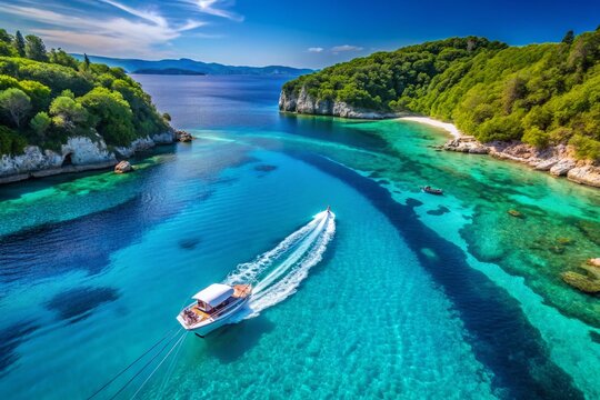Aerial View of a Speed Boat Departing from the Pristine Vrika Beach on Paxos Island, Greece, Showcasing Turquoise Waters and Lush Greenery Surrounding the Serene Landscape