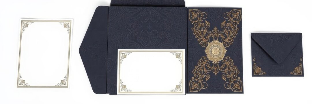 A stylish event invitation set featuring a folded envelope and sticker layout, classy, design, stylish