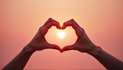 Woman and man holding hands in heart shape, sunset sun disk in warm gradient background