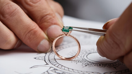 A man is cutting a green gemstone with a jeweler's tool. The gemstone is a green emerald, and the man is holding it with a jeweler's tool. Concept of precision and care